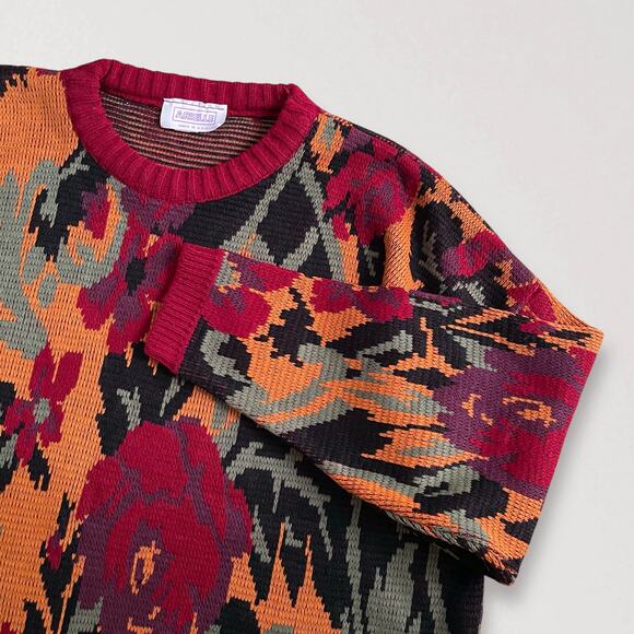 Vintage 90s Earthy Fall AOP Sweater Intarsia Made In USA Cottage Artsy Boho Cozy - Picture 1 of 9